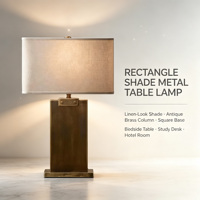 Lampe de table en laiton antique haut de gamme, abat-jour rectangulaire en lin, lampe de chevet pour hôtel, chambre à coucher, salon, décoration