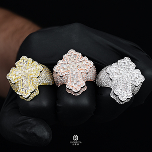 Anello di Lusso Pesante Stile Hip-Hop, Placcato Oro 18k, Test Diamante Superato, Moissanite VVS Taglio Baguette, Anello a Croce Ghiacciato - Product Image 3