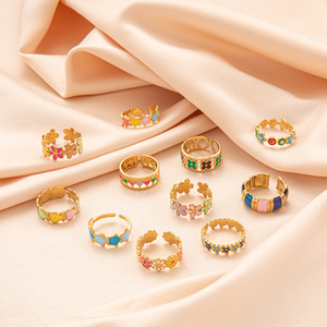 Fashion <b>Rings</b> Flower Shape <b>Open</b> Design Women's Party Jewelry Gold Plated Colorful Inlay Style - Product Image 1