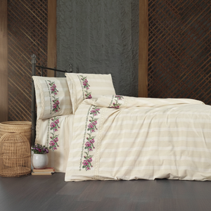 Juego de Funda Nórdica a Rayas de Algodón Auténtico con Bordado Floral, Comodidad y Estilo Premium - Product Image 3