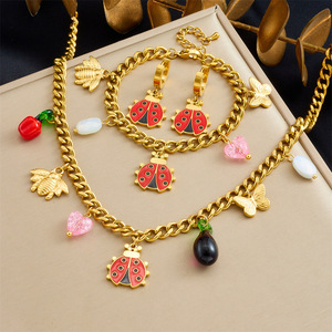 Fashionable Cartoon Ladybug Bee Butterfly Pendant Stainless Steel Jewelry Set For Women Party Wear - Product Image 1