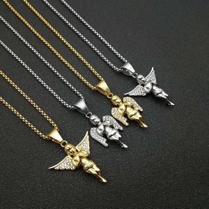 Collier pendentif ange hip-hop en acier inoxydable plaqué or avec ailes serties pavé, bijou unisexe, cadeau - Product Image 1