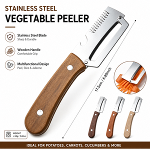 Pelador de Verduras Profesional 3 en 1 de Acero Inoxidable con <span class=keywords><strong>Mango</strong></span> Ergonómico de Madera OEM - Product Image 1