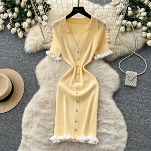 Nouvelle robe d'été pour femmes, col rabattu, manches courtes, boutons décoratifs, robe en tricot - Product Image 1