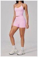 Ensemble de shorts de yoga sans couture en Spandex/Nylon, col halter, anti-plis, rehausseur de fessiers, moulant, pour course en extérieur et fitness, deux pièces