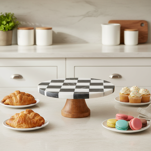 Moderno Alzatino <span class=keywords><strong>per</strong></span> <span class=keywords><strong>Torte</strong></span> a Scacchi Bianco e Nero <span class=keywords><strong>in</strong></span> Marmo con Base <span class=keywords><strong>in</strong></span> <span class=keywords><strong>Legno</strong></span>, Supporto Decorativo <span class=keywords><strong>per</strong></span> Dolci e Cupcake da Tavola - Product Image 2
