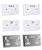 Prise murale double britannique standard BS1363 13A avec plaque métallique, 2 USB-A + USB-C 3.6A IP20