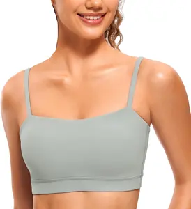 Womens Adjustable Spaghetti Thin Strap Sports Bra - Padded Wireless Square Neck Workout Yoga Bra