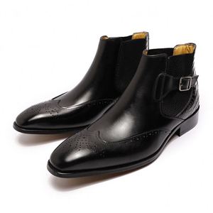 Designer Genuine Leather Oxford Shoes-Winter Ankle <b>Boots</b>-Pointed Toe Waterproof Height Increasing Men's Shoes with Buckle Strap - Product Image 4