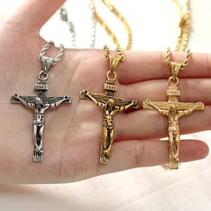 Atacado cruz colar para homens inoxidável-Aço inoxidável antigo crucifixo cruz homens jóias colgante declaração de ouro colar de pingente de cruz jesus religiosa cristã