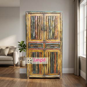 Armoire vintage en bois massif de style rustique avec des lignes verticales, en lin, fabriquée à la main, à bas prix, 4 portes et 2 tiroirs, meubles indiens pour la maison - Product Image 6