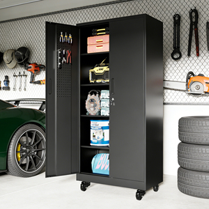 Armoire de garage roulante robuste de 71 pouces avec serrure, rangement en métal noir avec 5 étagères et panneau perforé pour atelier, sous-sol, buanderie - Product Image 2