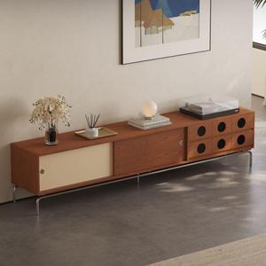 Meuble TV en bois massif de style vintage, design nordique rétro, beige, avec rangement, pour salon, support audiovisuel - Product Image 3