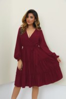 En stock confortable été femmes col en V robes mi-longues à volants manches longues cocktail tenue décontractée vin