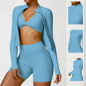 Conjunto Deportivo de 4 Piezas para Mujer, Ropa Deportiva de Gimnasio, Colores Sólidos, Sujetador Deportivo Sexy, Pantalones Cortos de Ciclismo, Leggings de Cintura Baja, Yoga, Ejercicio - Product Image 1