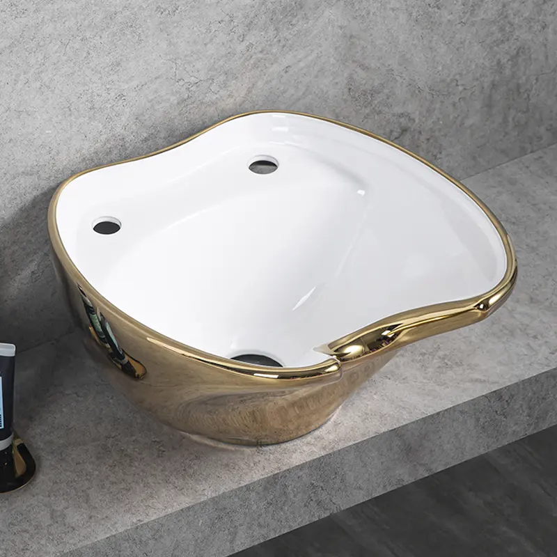 Venta al por mayor personalizado lavabo de pelo salón champú lavabo dorado contemporáneo salón de cerámica muebles de peluquería 539*553*272mm Cm *