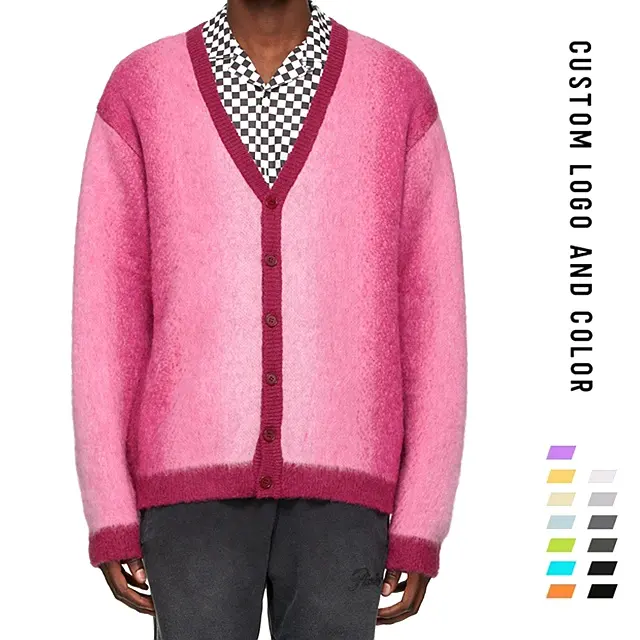 Loose Cardigan Knitwear Knit Mohair Wool Men Custom Cardigan Sweater think Pink Mohair V-Neck men cardigan sweater