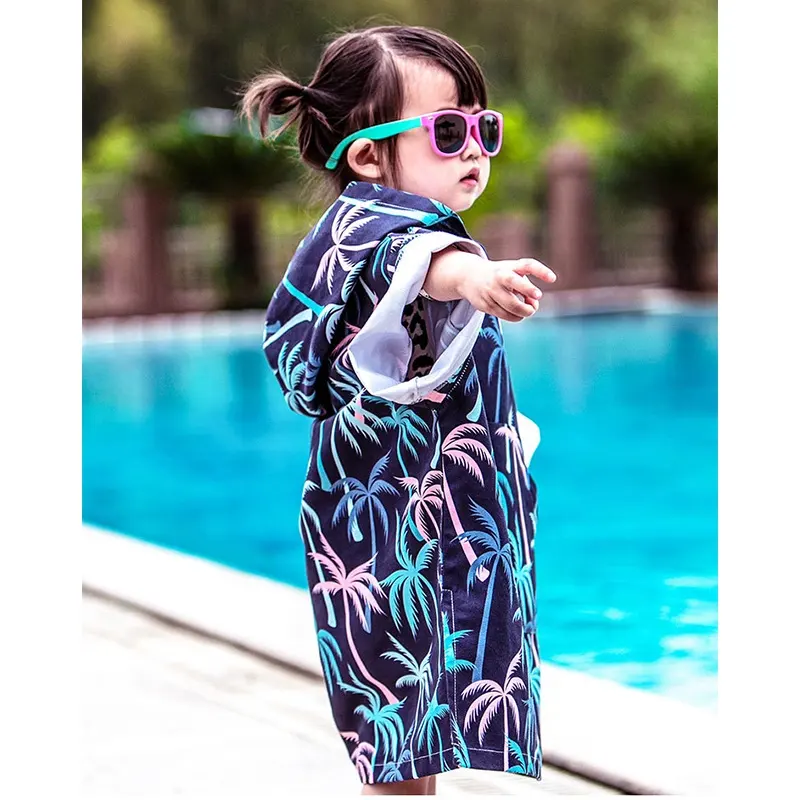 Quick Dry Children Printed Microfiber Hooded Bath Poncho Beach Towels Plain SGS Knitted Baby Poncho Hongbo CN;SHN