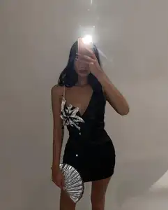 High Quality Black One-shoulder Rhinestone Sexy Dresses Women Night Club Elegant Party Dress