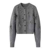 Cardigan personnalisable pour femme, à boutonnage simple, avec sequins 3D, manches longues, anti-boulochage, manteau tendance, couleur printemps, vente en gros
