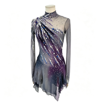 Robe de patinage artistique asymétrique à col en maille dégradé gris-violet, manches longues, dos ouvert, ornée de strass bleus et argentés, pour danse sur glace
