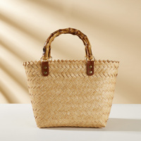 Panier tissé coloré de grande capacité pour les vacances à la plage, sac panier tendance avec poignée en bambou, ouvert, sans décoration, sac à main