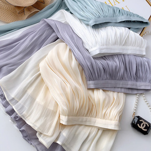 Elegant Summer Organza Midi <strong>Skirt</strong> for Women Slim Fit Slimming A-Line with Glossy Silk Casual <strong>Digital</strong> <strong>Print</strong> Ruched Decoration