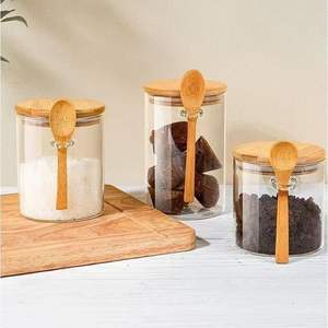 Pot en verre hermétique, boîte à thé portable avec cuillère, couvercle en bambou et en bois, rangement rond, boîte à café anti-humidité - Product Image 2