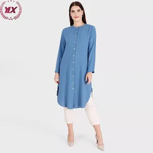 Hot Sell Navy Blue Fashion Muslim Tops Simple Style Elegant Beautiful Tunic Tops Islamic Women Clothing