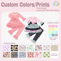 Ensemble de vêtements 2 pièces personnalisable pour fillettes : Robe à manches longues avec col en dentelle, applique rose et volants superposés, et leggings évasés à ourlet en dentelle