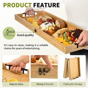 Bamboo Serving <b>Tray</b> With Handle Natural Wood Color <b>Large</b> Foldable For Hotel Coffee Tea Party Snacks Steak Cheese Board - Product Image 4