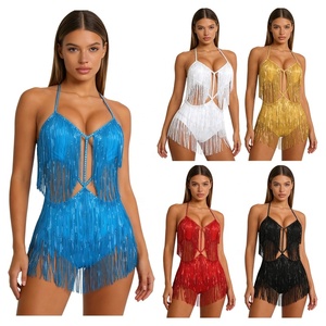 Body de lentejuelas con flecos y borlas para mujer, cuello halter, espalda descubierta, ajuste ceñido, leotardo para actuaciones en escenario, samba, rave y festivales - Product Image 1