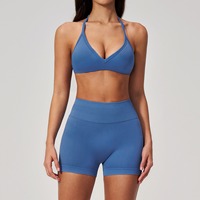 Set Yoga Halter Neck Seamless Wanita, Tanpa Punggung, Angkat Bokong, Kontrol Perut, Set Pakaian Olahraga Pilates