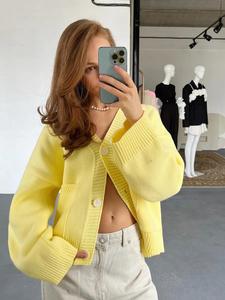 Cardigã Feminino de Tricô com Decote V, Bolso, Estampa Floral, Forro de Lã e Mohair, Manga Comprida, Estilo Solto Halter, Coleção Outono Inverno 2025, Novo, Estilo Europeu Americano - Product Image 2