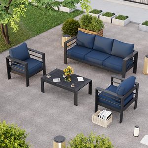 Ensemble de meubles de terrasse en aluminium moderne pour <span class=keywords><strong>jardin</strong></span>, canapé d'extérieur en métal gris avec housses imperméables - Product Image 1