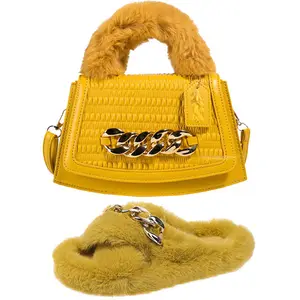 Autumn Women's Slippers Furry Slides and Money Bag Set Handbag Shoe Bag Set Chain Women's Shoes Fashion Soft Wallet Comfortable