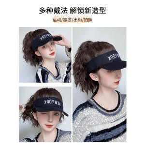 Chapeau de soleil d'été tendance avec perruque intégrée, cheveux longs bouclés, frange latérale, fibre Kanekalon, ligne de cheveux naturelle pour femmes - Product Image 2