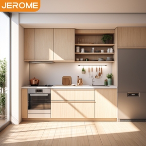Meuble de rangement moderne à panneaux plats, armoire de cuisine modulaire minimaliste en grain de bois avec évier et appareils intégrés - Product Image 1