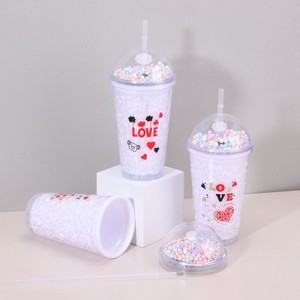 450ml Four Different Love Slogan Printed Double Wall <b>Plastic</b> Straw Tumbler with Dome Lid Pastel Foam Bead Decor Ideal for Couple - Product Image 3
