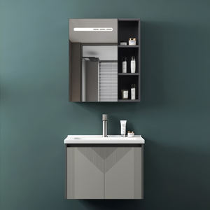 Juego de muebles de baño de buena calidad, armario de almacenamiento delgado de aluminio espacial, baño <span class=keywords><strong>con</strong></span> <span class=keywords><strong>espejo</strong></span> de lavabo integrado <span class=keywords><strong>con</strong></span> iluminación - Product Image 1