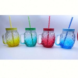 Vasos de Vidrio con Asas, Tapas Metálicas en Relieve con Degradado de 4 Colores y Pajitas de Plástico Duro, Tazas para Beber - Product Image 1