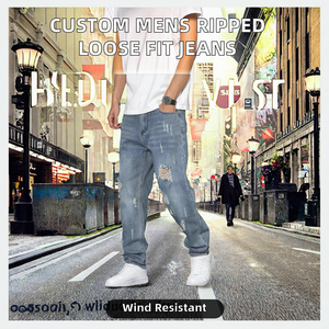 Jeans Anchos Desgastados Personalizados de Fábrica para Hombre, Corte Holgado, Estilo Retro, Hip Hop, Transpirables, Resistentes al Viento, para Invierno y Otoño - Product Image 2