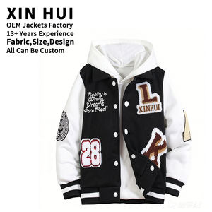 Veste bomber vintage pour homme avec broderie chenille personnalisée, manches contrastées, capuche, style streetwear, veste varsity - Product Image 1