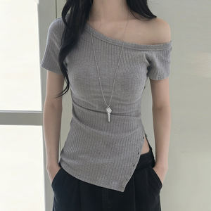 Camiseta Ecológica Casual Minimalista para Mujer, Oferta de Verano, Transpirable, Protección UV, Corte Asimétrico con Botones y Aberturas - Product Image 2