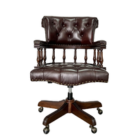 Fauteuil de capture en cuir véritable bœuf foncé, pivotante, avec roulettes, base en bois, pour maison et bureau, royaume-uni