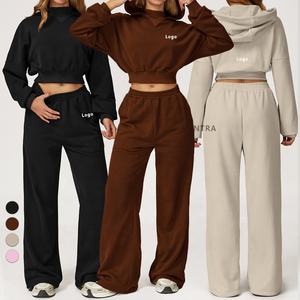 女式棉健身慢跑裤2pcs休闲运动服运动服连帽衫裁剪上衣运动裤运动套装 - Product Image 1