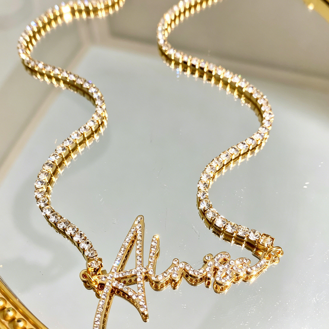 Custom Name Tennis Chain Necklace Bling Rhinestone Personalized Pendant Necklace 18K Gold Plated Stainless Steel Jewelry Gift