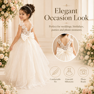 Abito da Principessa in Tulle Bianco <span class=keywords><strong>per</strong></span> Ragazze 8-16 Anni Vestito da Damigella <span class=keywords><strong>per</strong></span> Feste con Ricami in Pizzo Fiocco sulla Schiena Abito da Cerimonia Vaporoso - Product Image 5