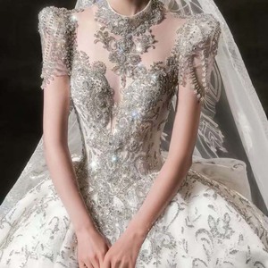 Hz022 Opulent <b>Silver</b> White High Illusion Collar Full Body Baroque Swirl Beaded Cathedral Ball Gown <b>Wedding</b> <b>Dress</b> Jancember - Product Image 4