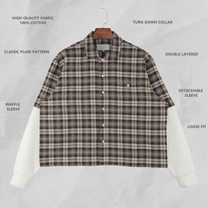 100% Pure Cotton Men's Loose Fit <strong>Patchwork</strong> Plaid Detachable Waffle Sleeve <strong>Shirts</strong> - Product Image 2